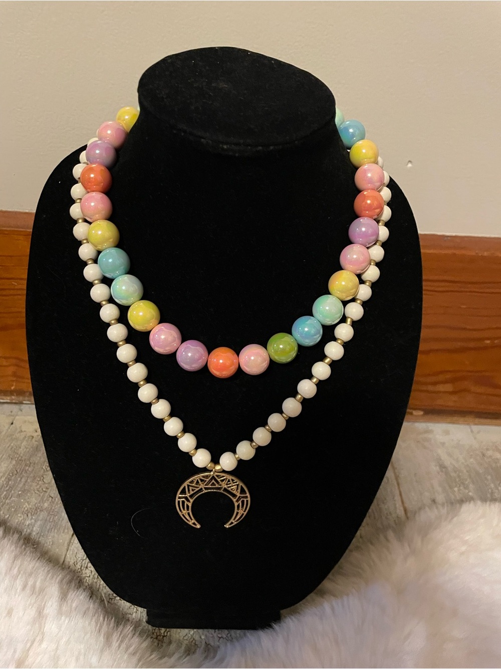 2 necklaces -1 Pastel Multi-Color  1 Beaded Necklace with Crescent Pendant
